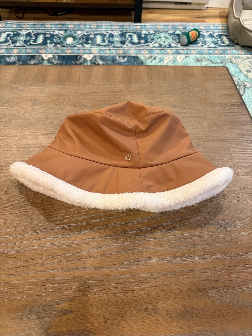 Lululemon camel color Bucket Hat with White Faux-Sherpa Trim